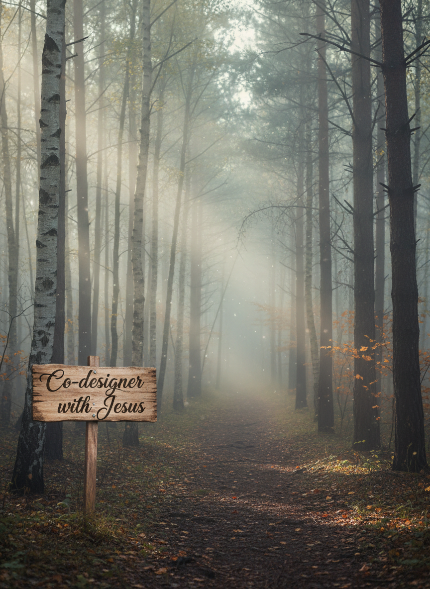 A narrow forest path in early morning, photographed with luminous realism: damp earth and scattered leaves in muted browns and deep greens, flanked by slender birch and pine trees whose trunks disappear into soft mist. Near the foreground, a small wooden signpost stands unobtrusively, with the hand-painted words “Co-designer with Jesus” in subtle, elegant lettering, slightly weathered but clearly legible. Gentle rays of pale sunlight filter through the mist, creating soft beams that illuminate floating moisture in the air. Captured from eye level with a strong sense of depth as the path leads into the hazy distance. The mood is quietly adventurous, hopeful, and contemplative, suggesting the personal journey of faith into the unknown with Christ as guide.